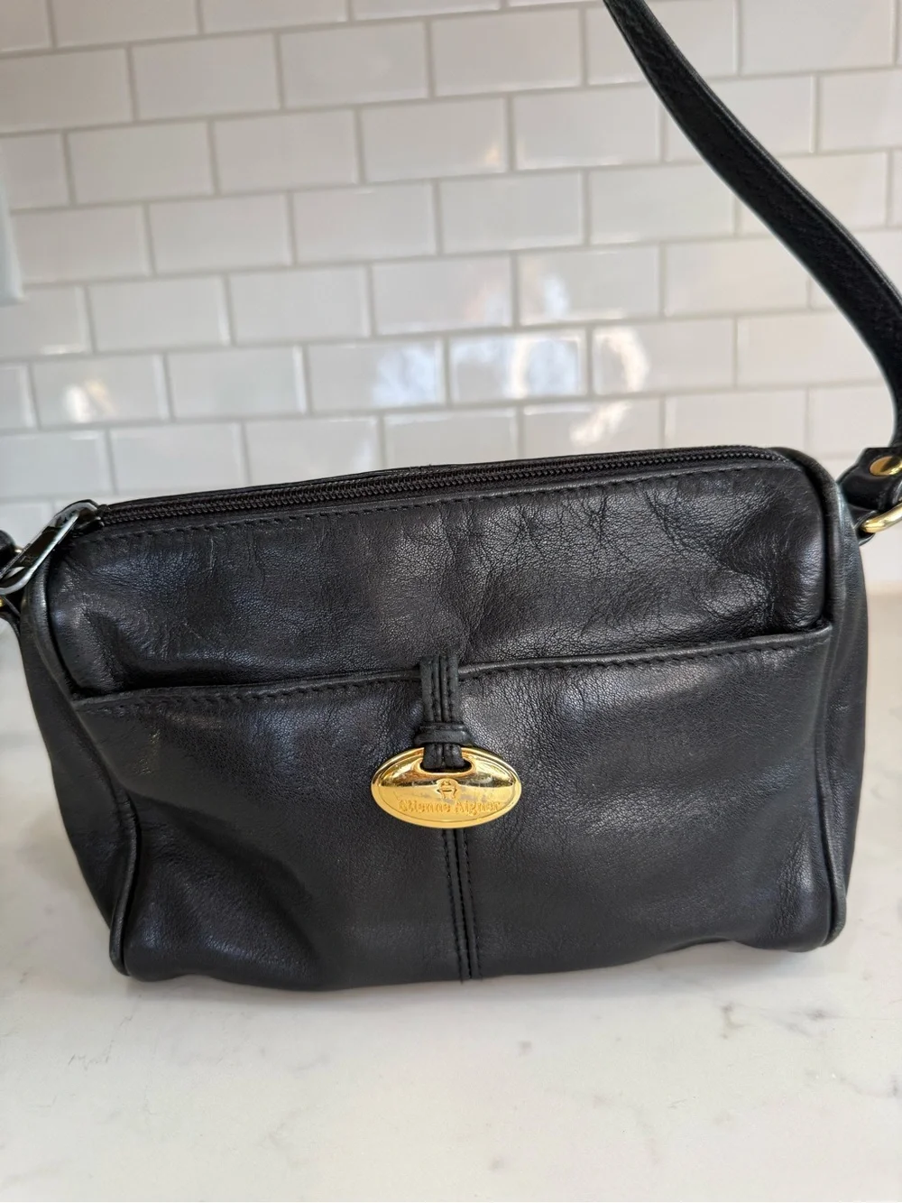 Vintage Etienne Aigner Black Leather Crossbody with Gold Emblem